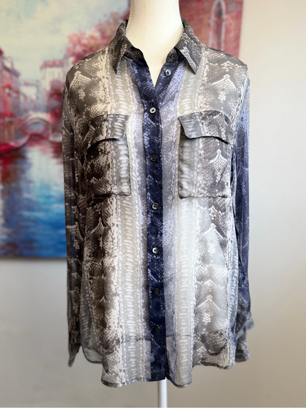 Equipment Women’s Silk Snake-Print Button Front Blouse in Gray and Blue